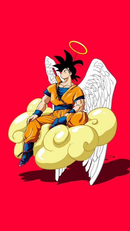 Goku with wings and halo sitting on a cloud