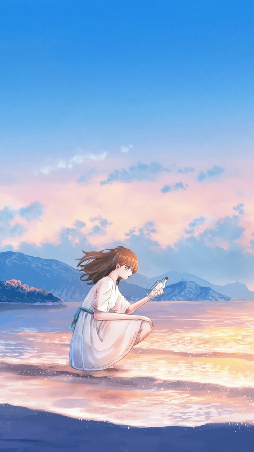 Anime girl with bottle on beach at sunset