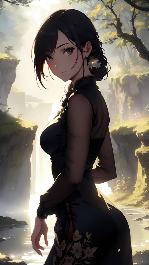 Anime girl in black dress by a waterfall