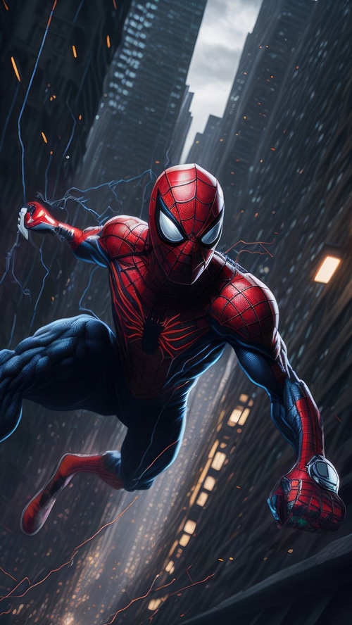 Spiderman swinging through a city at night