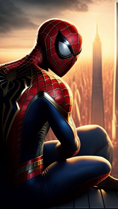 Spiderman sitting on a ledge overlooking a city at sunset