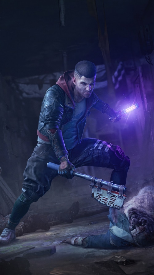 Dying Light 2 character with weapon and zombie
