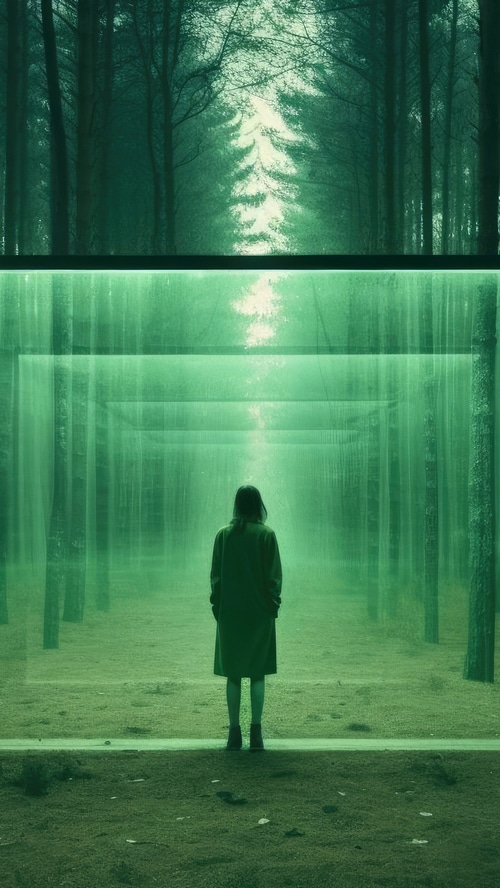 A person stands in a green forest with light filtering through trees.