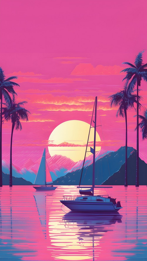 Vaporwave Sunset with Sailboats and Palm Trees