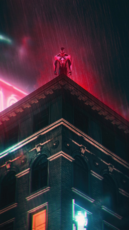 Spider-Man 2099 on a building rooftop in the rain