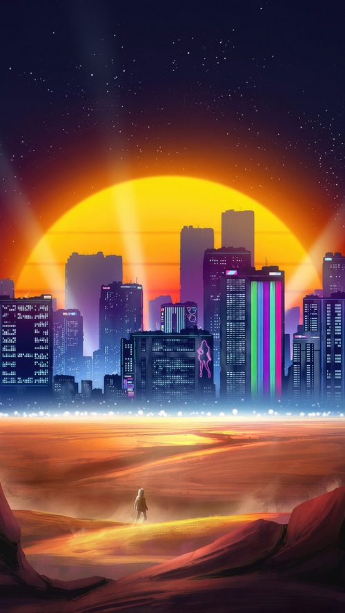 Synthwave Cityscape with a Lone Figure in a Desert