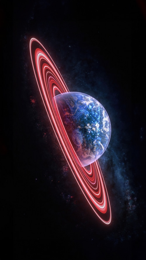 Digital art of a planet with glowing red rings