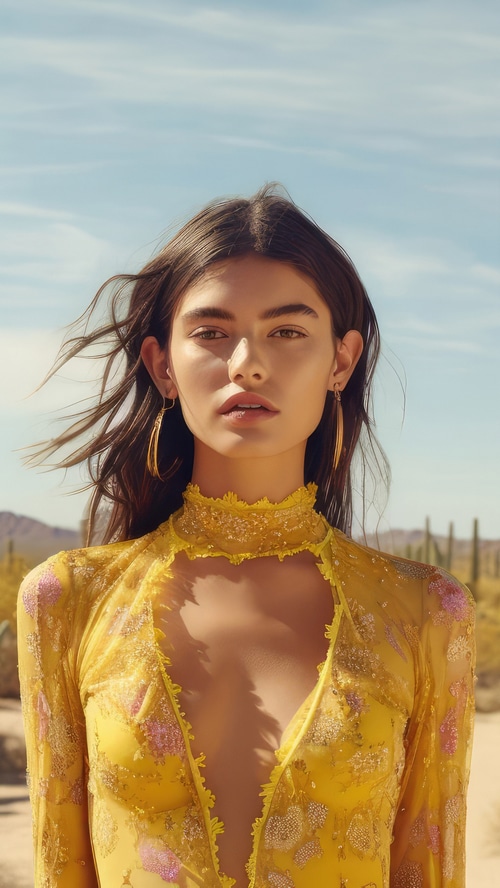 AI girl in a yellow dress in a desert landscape