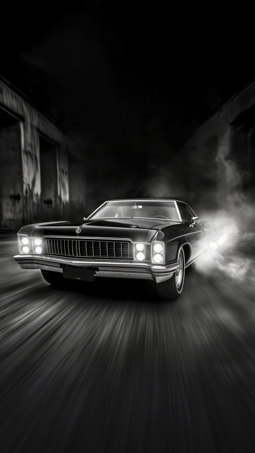 Black classic car drifting in smoke
