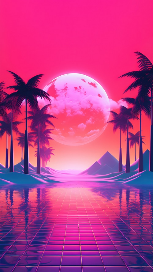 Vaporwave digital art of a surreal sunset landscape