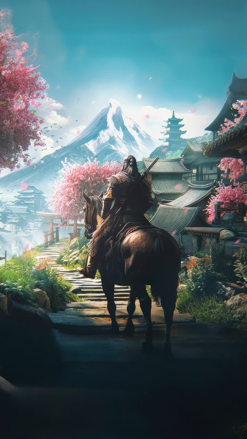 Samurai on horseback in a Japanese village