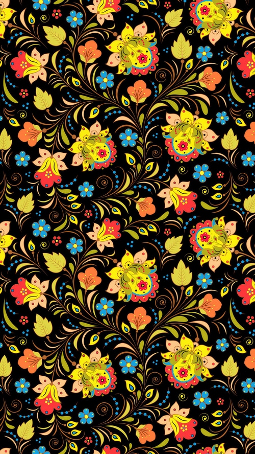 Khokhloma floral pattern on black background