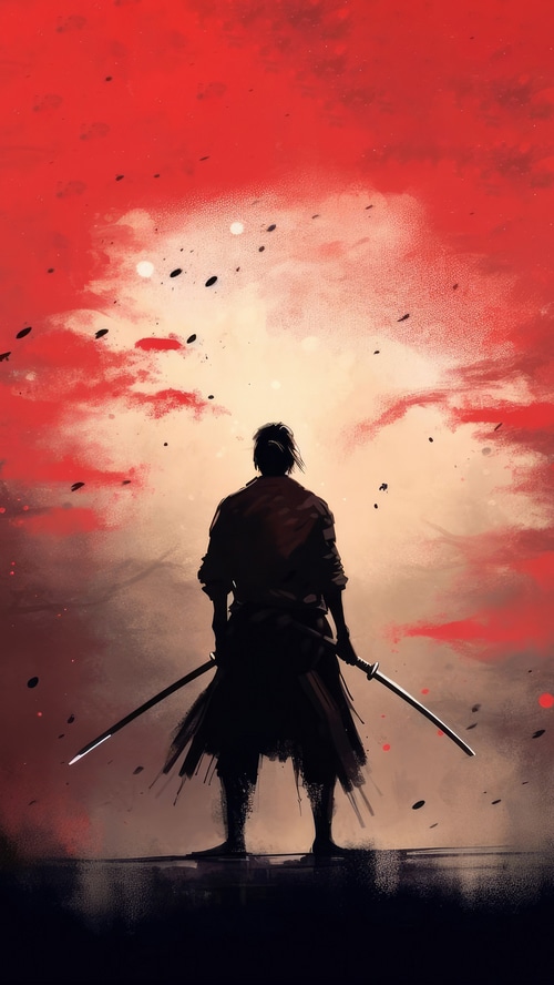 Samurai warrior with two swords against a red sky