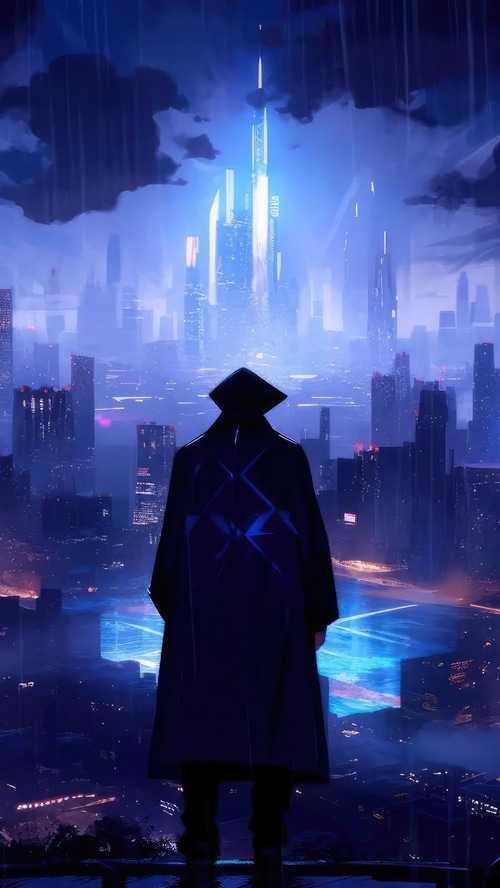 Figure in a trench coat overlooking a futuristic city at night
