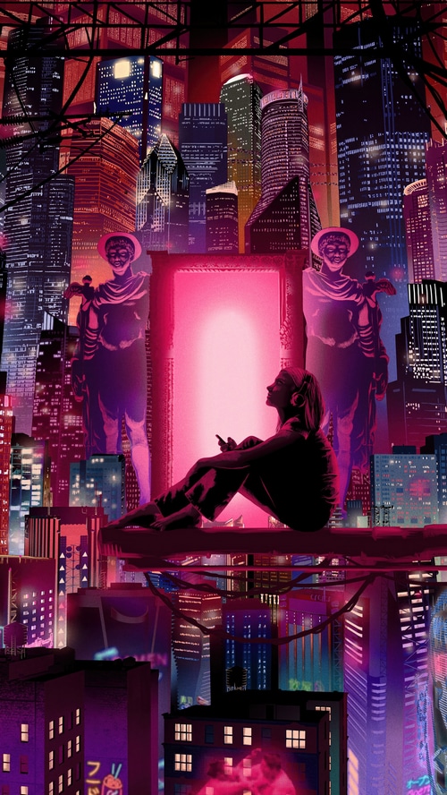 Digital Art of a Woman in a Neon City
