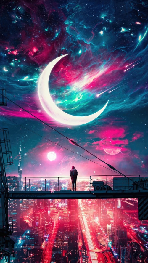 Person on a platform overlooking a neon city under a crescent moon