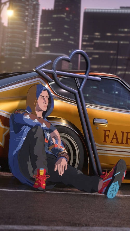 Need for Speed Unbound character sitting by a car