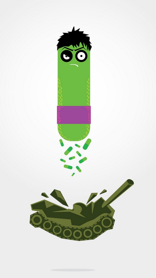 Hulk-like figure dropping pills on a tank