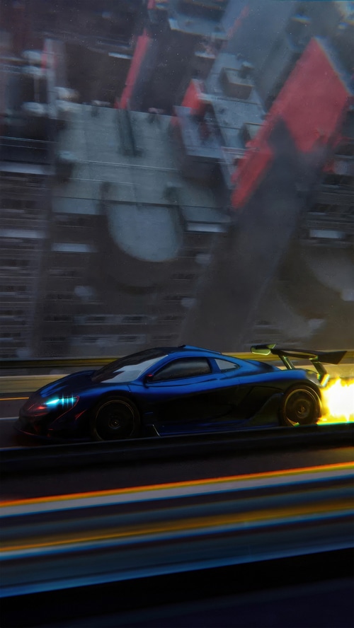 Blue Sports Car Speeding Through City