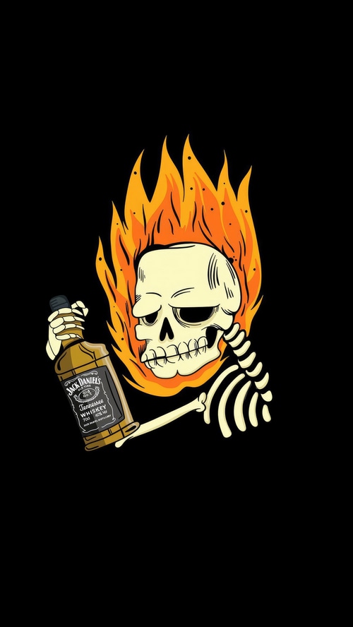Skeleton with Jack Daniels bottle on fire