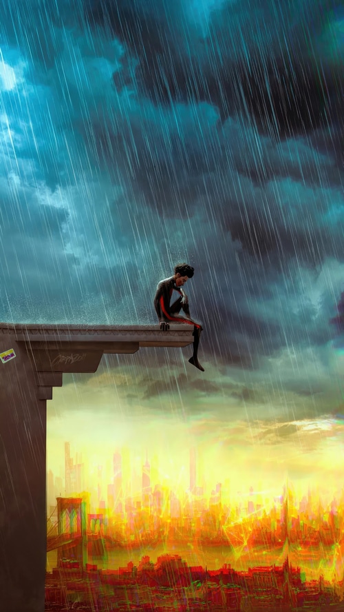 Miles Morales sitting on a ledge in the rain