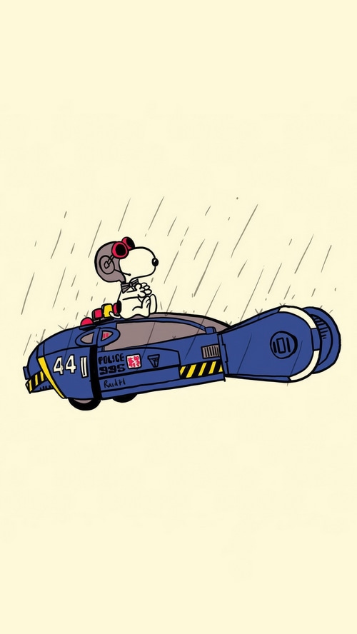 Snoopy in a futuristic police vehicle
