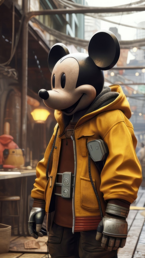 Mickey Mouse in a yellow jacket and cybernetic gloves