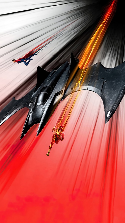 The Flash and Superman in the Batwing