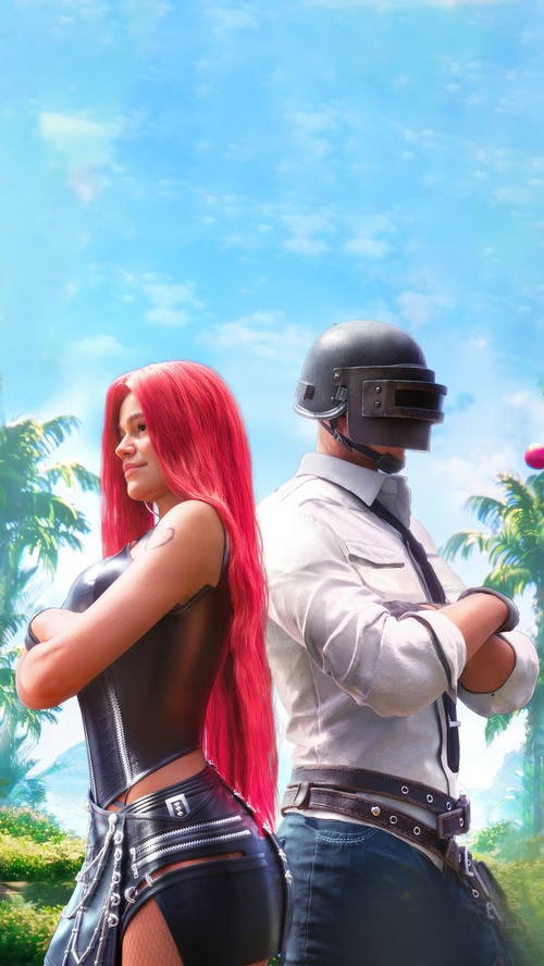 Karol G and PUBG character in tropical setting