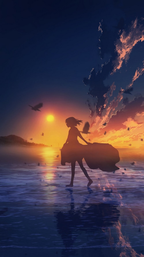 Artwork of a girl walking on the beach at sunset