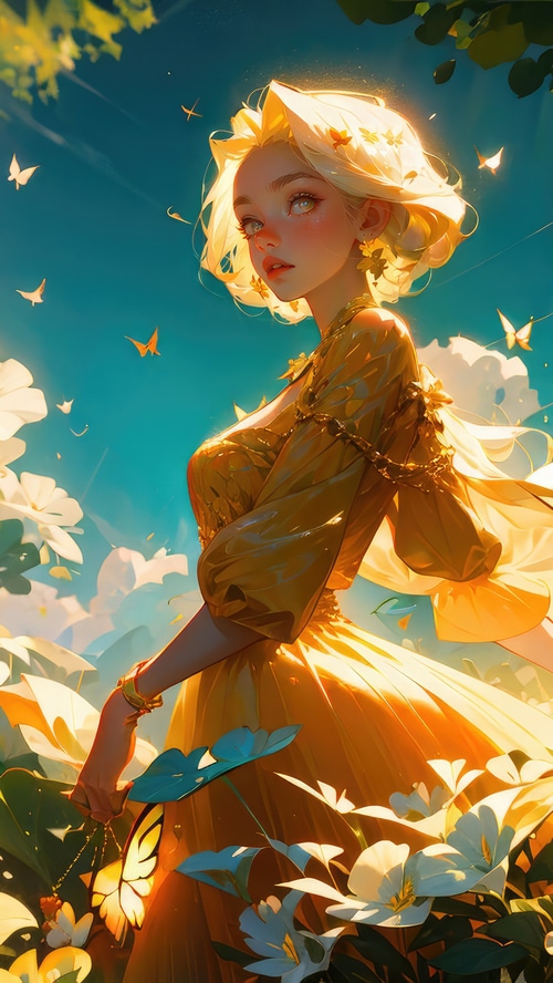 Fantasy girl in a yellow dress with butterflies