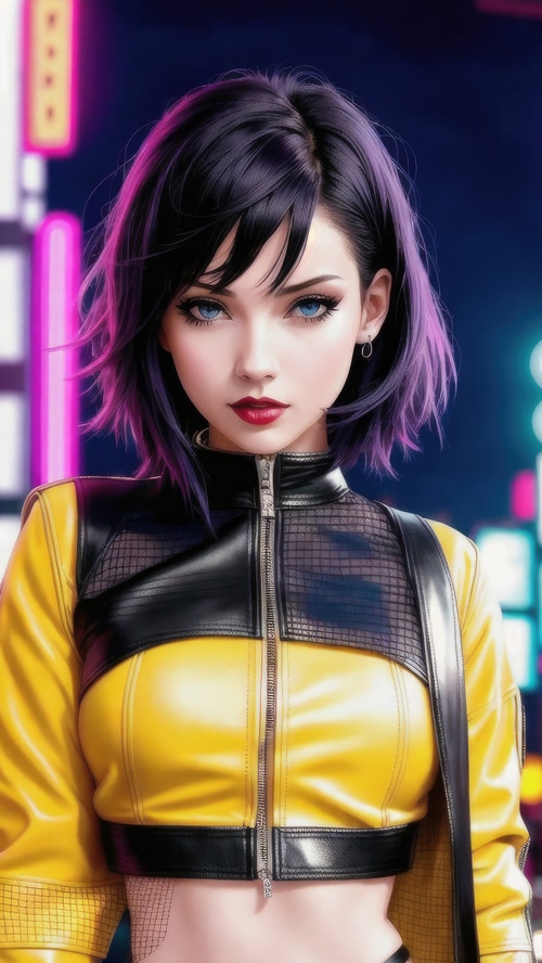 Cyberpunk anime girl with purple and black hair