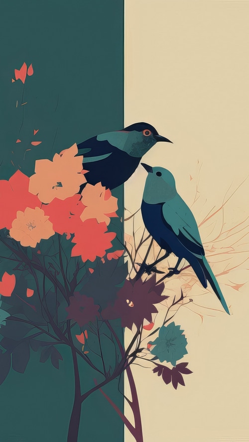 Minimalist artwork of two birds on a branch with flowers