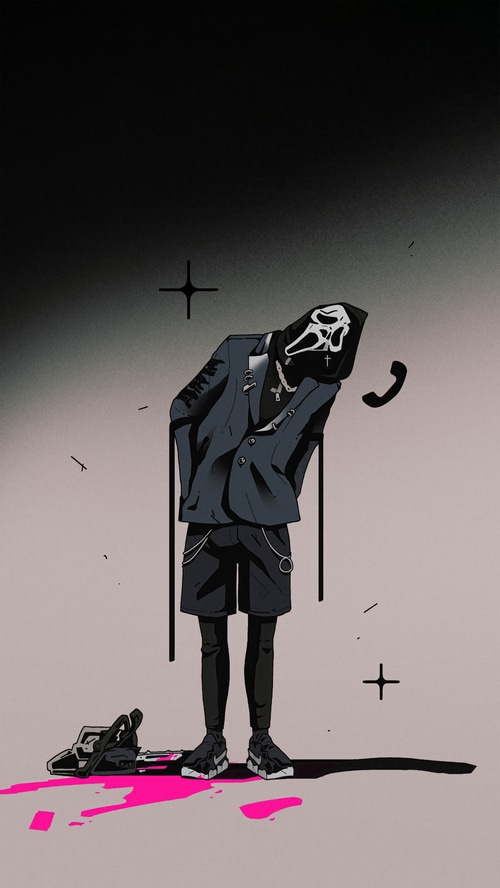 Ghostface in a suit with a chainsaw