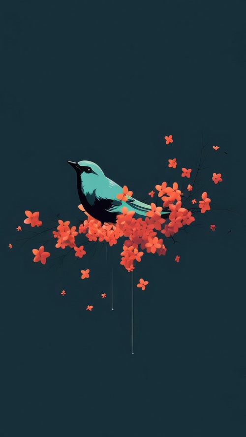 Minimalist artwork of a blue bird on a branch with red flowers