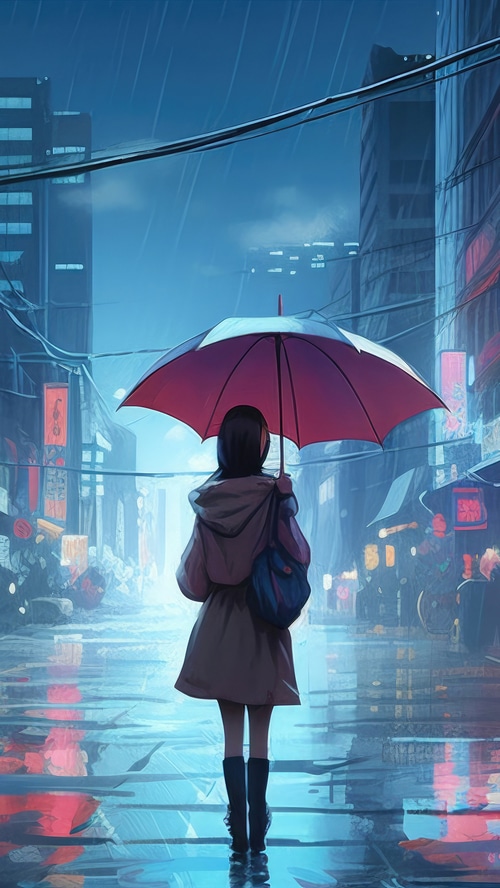 Anime girl with umbrella in the rain