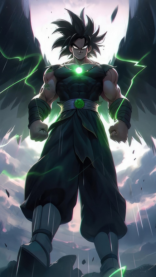 Broly with black hair and green energy wings