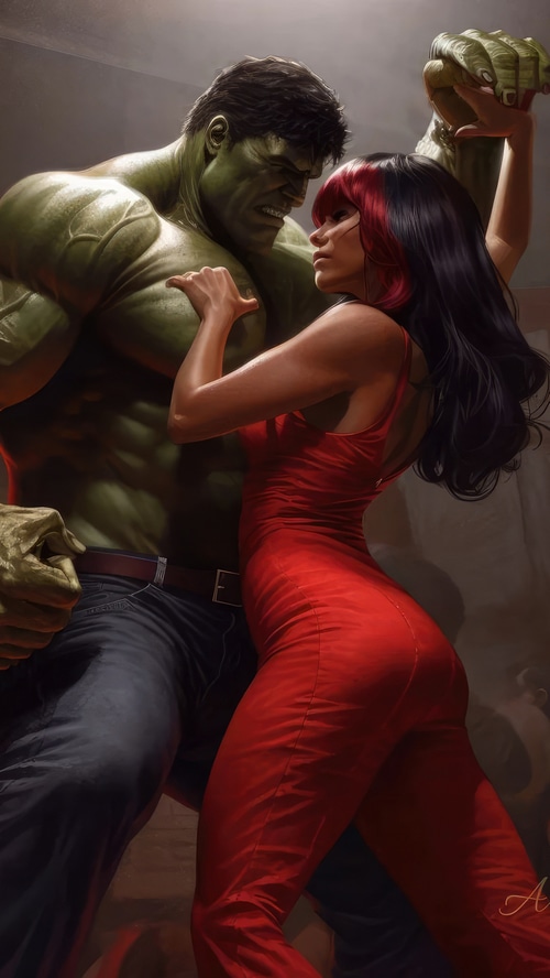 Hulk and a woman in a red outfit