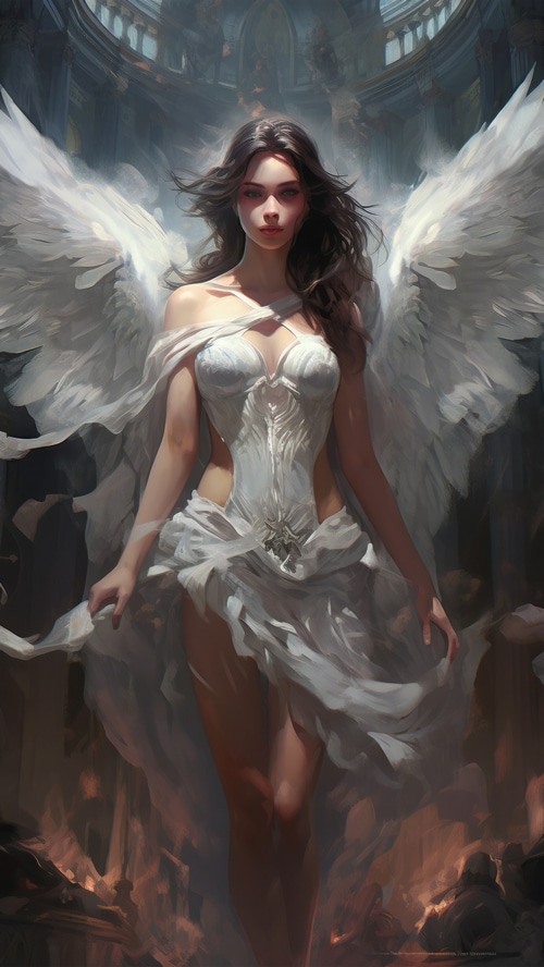 Angel with white wings in a fantasy setting