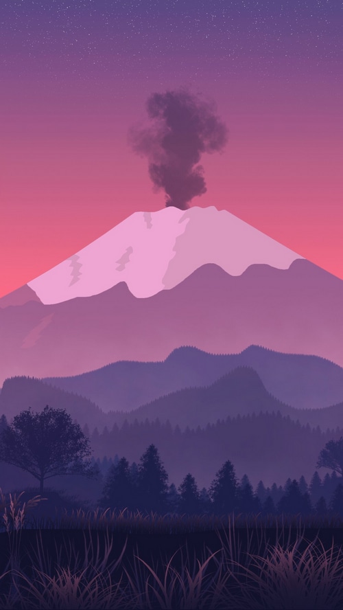 Volcano erupting under a starry purple and pink sky