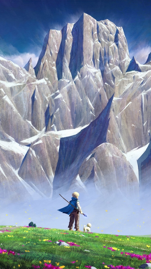 Artwork of a person and dog in a field with mountains
