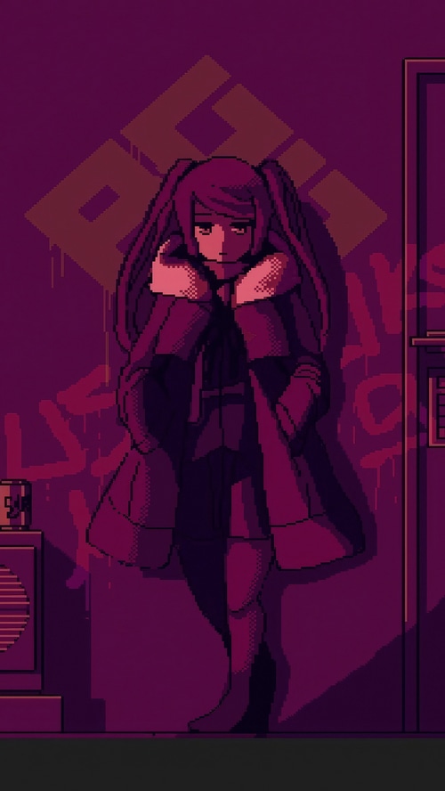 Girl with pigtails in a coat in front of a wall
