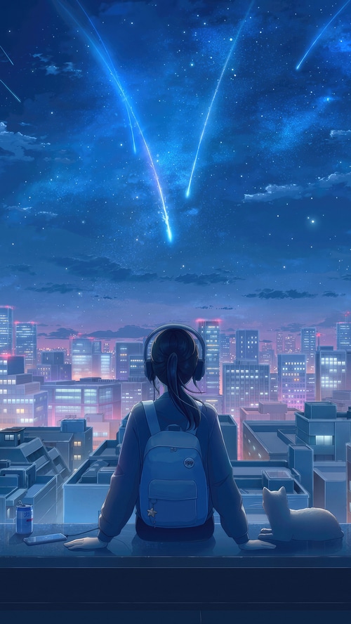 Anime girl with headphones watching shooting stars over city