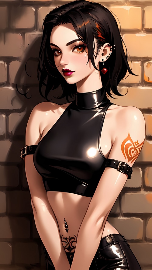 Anime girl with black hair and tattoos