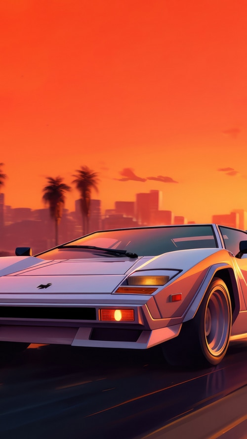 Retro Lamborghini driving at sunset with city skyline