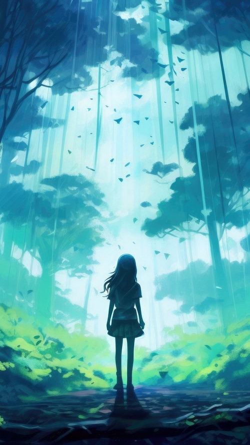 Anime girl standing in a mystical forest
