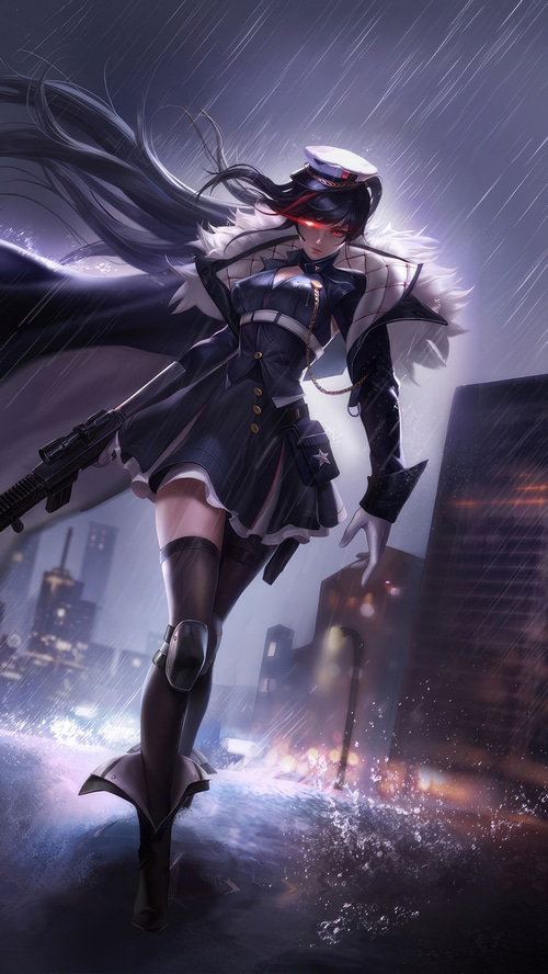 Anime Girl with Rifle in Rainy City