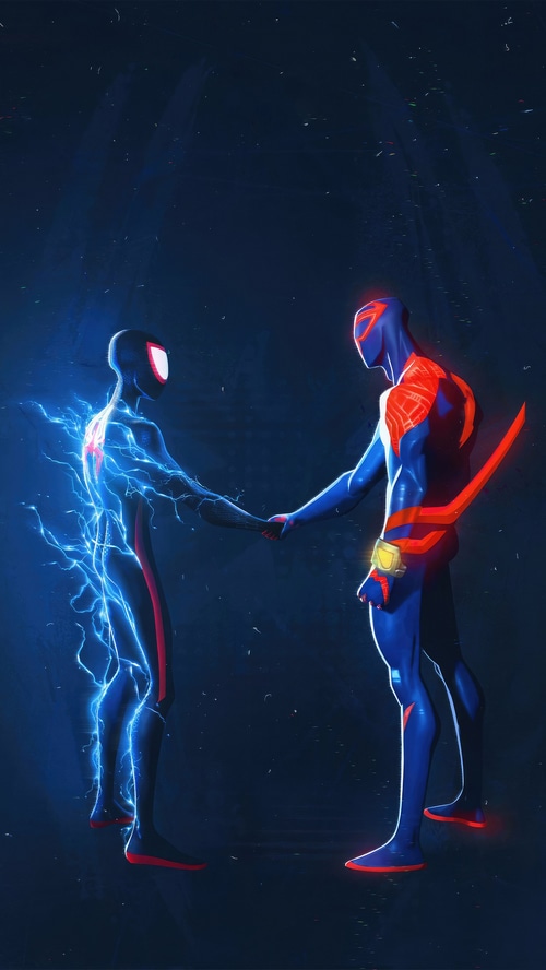 Spider-Man Miles Morales and Spider-Man 2099 shaking hands
