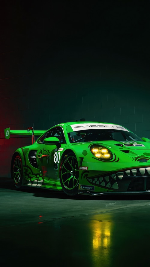 Green Porsche 911 GT3 R with shark teeth livery