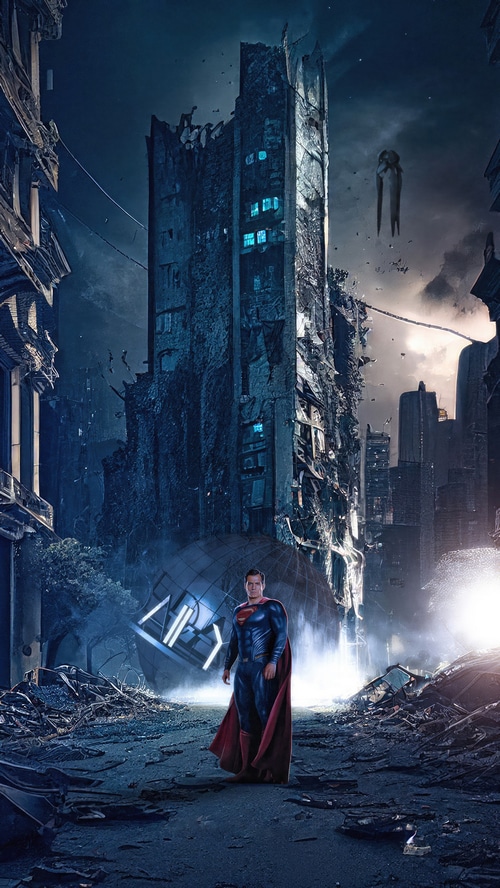 Superman in a destroyed city with a mysterious figure